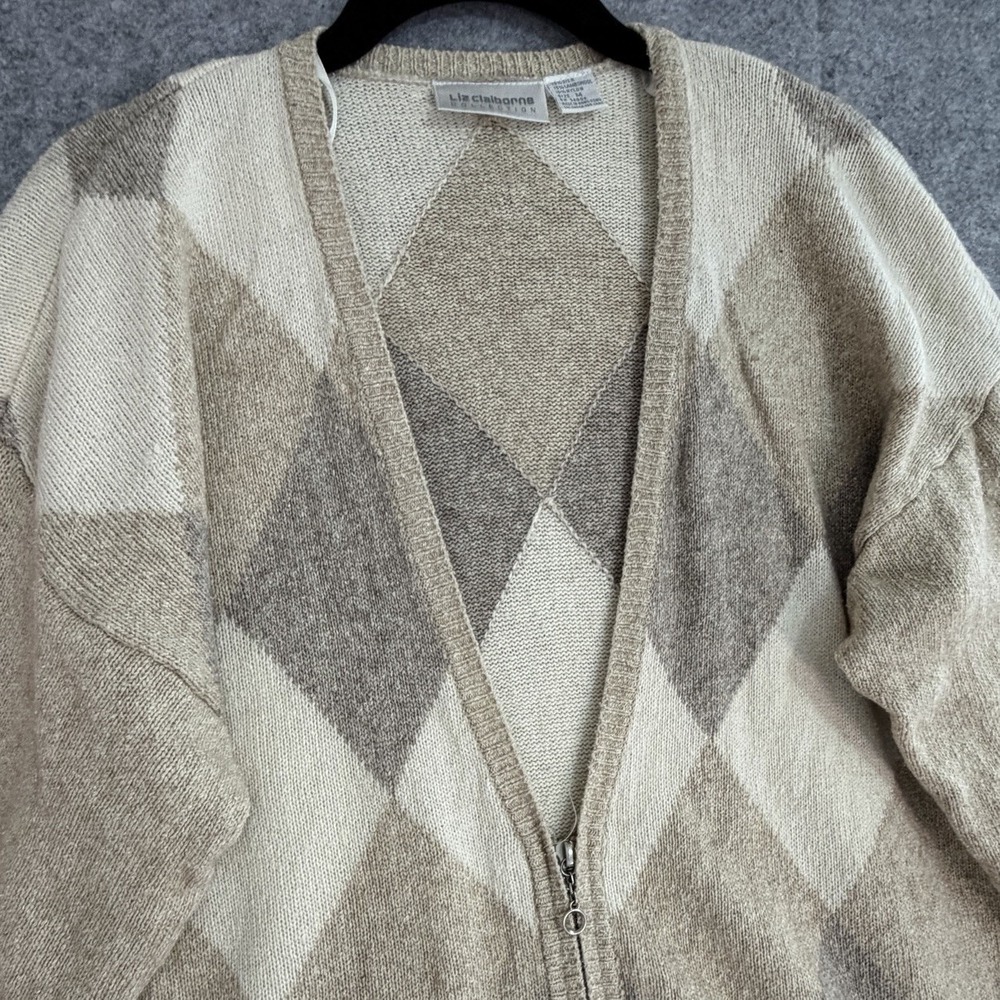 Argyle Zip Up Cardigan Wool/Silk Blend Sweater‎ Ivory Tan Womens Size Medium
